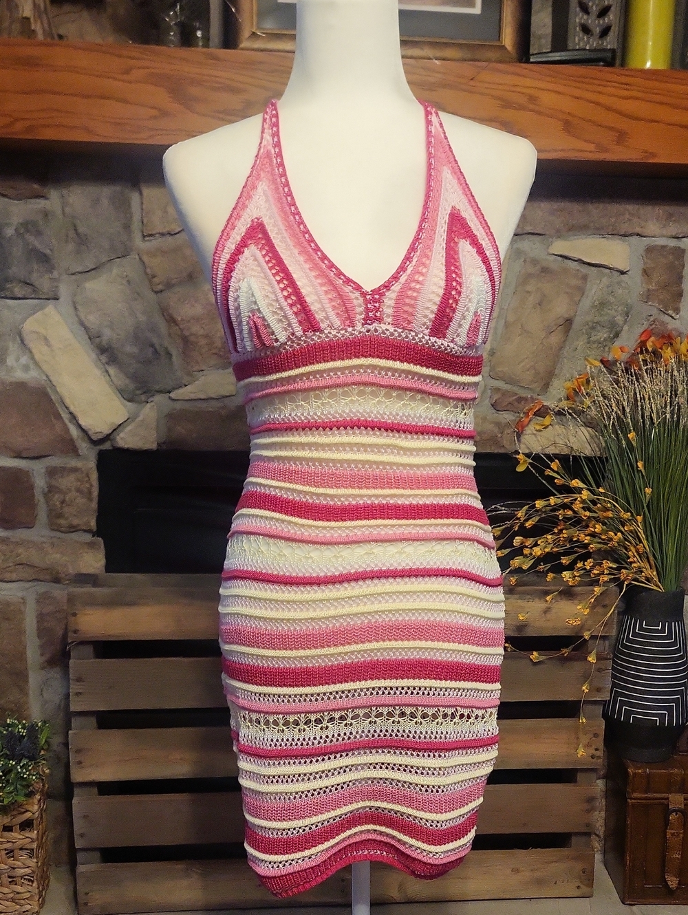 Striped Crochet Halter Mini Dress in Pink and Cream
